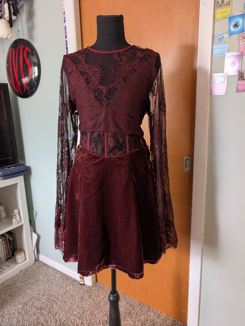 Free People Burgundy Lace & Velvet Long-Sleeve Dress